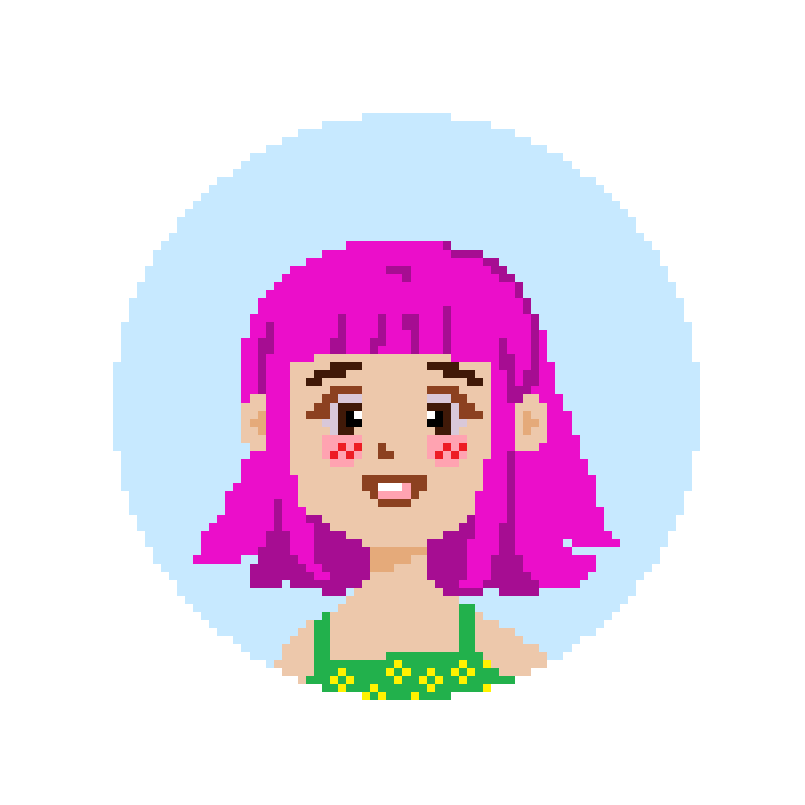 An avatar of me in pixel art; I have bright pink hair, a green top with a yellow flower pattern, and a shining smile! Click here to learn more about me